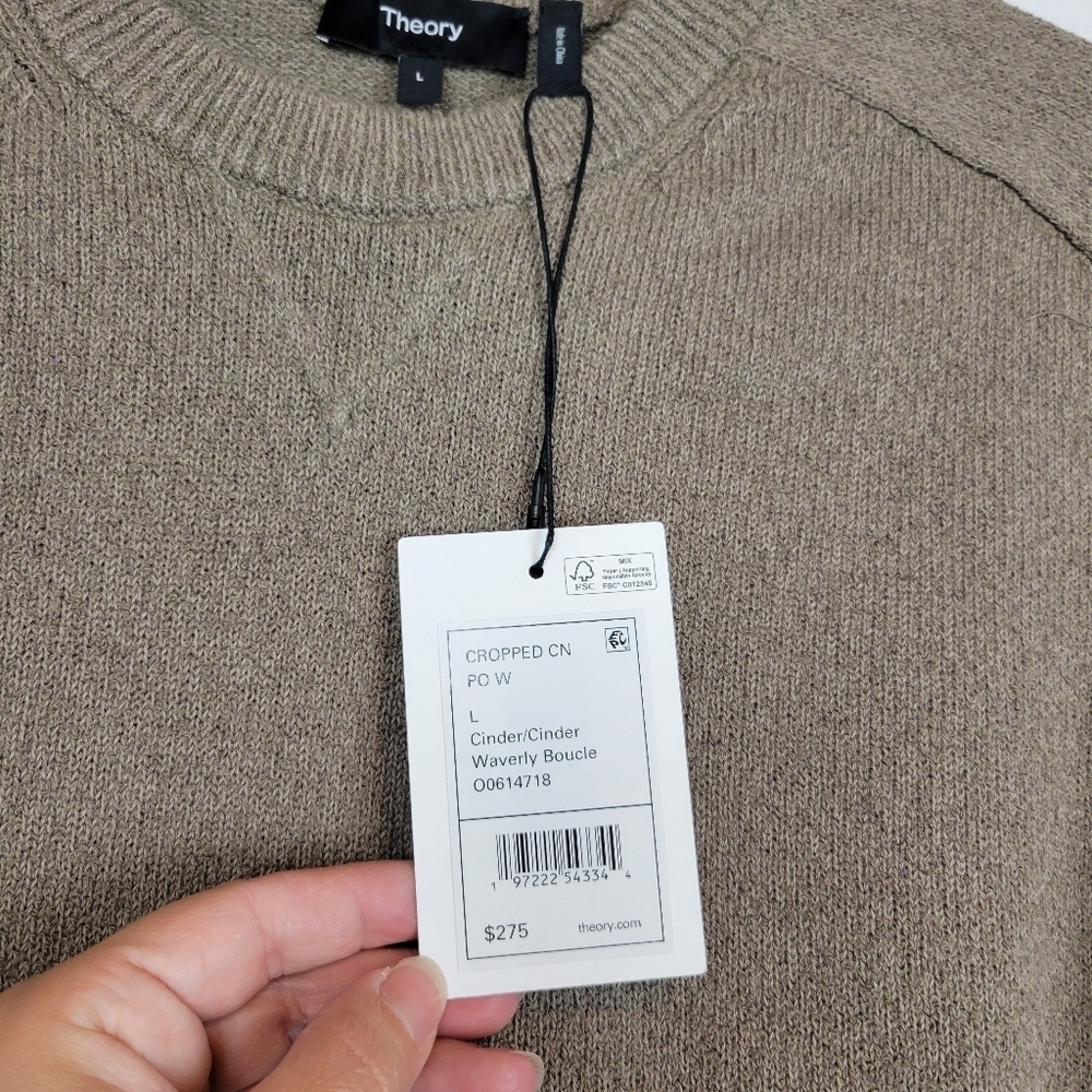 NWT Theory Womens Waverly Boucle Cropped Crewneck Sweater In Cinder Size L - Picture 11 of 12